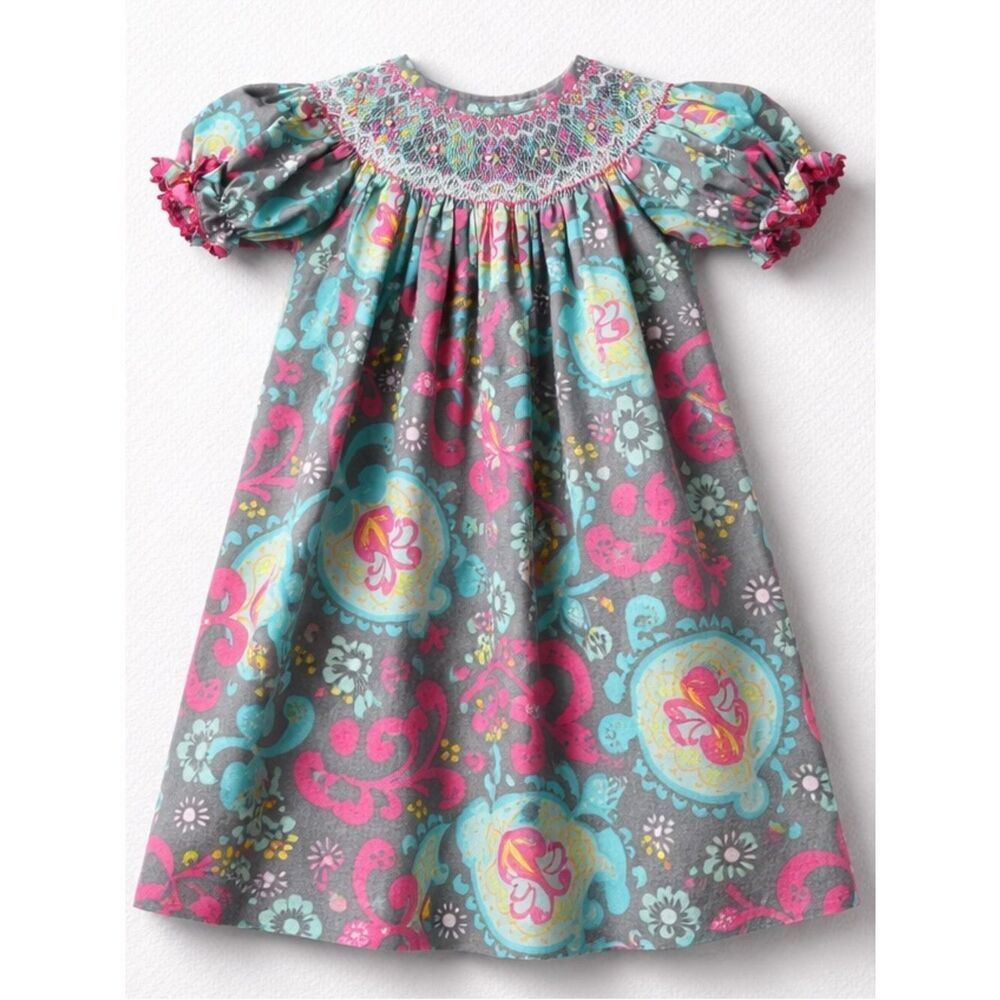 Stella belly gray and pink smocked puff sleeve bishop dress with embroidery 24m